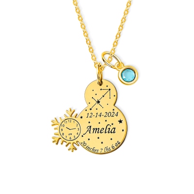 Collier de bonhomme de neige avec statistiques de naissance de bébé gravées sur mesure avec pierre de naissance, bijoux d'annonce de naissance de nouveau-né, cadeau de baby shower, cadeau de fête des mères pour une nouvelle maman