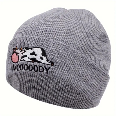 Cute Cow Embroidery Graphic Beanie Solid Color Elastic Skull Cap Lightweight Knitted Cap Cuff Beanie Hat Women Daily Use