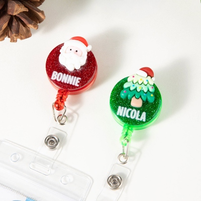 Custom Name Christmas Glitter Badge Reel, Elk Bells Santa Snowman ID Badge, Nurse Badge Clip, Appreciation/Christmas Gift for Nurses/Doctors/Coworkers