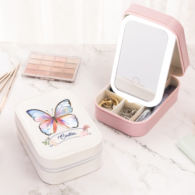 Custom Name Watercolor Butterfly Makeup Box with Three-Color Adjustment LED Light Mirror, Waterproof Jewelry Makeup Box, Gift for Her/Mom/Bridesmaids