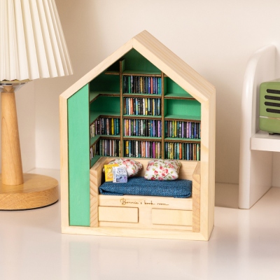 Personalized Engraved Anxiety Shaken off Bookroom, Wooden Scene DIY Mini Library with 200 Mini Books and 2 Cushions, Gift for Readers/Book Lovers