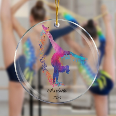 Gepersonaliseerde naam & jaar aquarel gymnastiek silhouet kerstboom ornament, acryl hangende decoratie, kerstcadeau voor turnster/dochter/zus