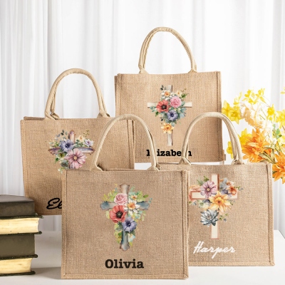 Personalized Name Watercolor Cross Birth Flower Burlap Tote Bag, Large Capacity Jute Bag for Bible Carrying/Beach/Vacation, Christian Gift for Women