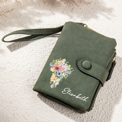 Personalized Name Cross Birth Flower Tri-Fold Wallet, PU Leather Card Holder with Wrist Strap, Travel Accessory, Christian Gift for Her/Mom/Women