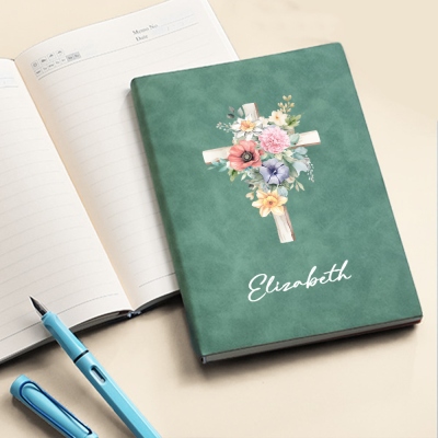 Custom Name Watercolor Cross Birth Flowers Prayer Notebook, Bible Study Church Notebook, Gratitude Journal, Christmas/Easter Gift for Christian Women