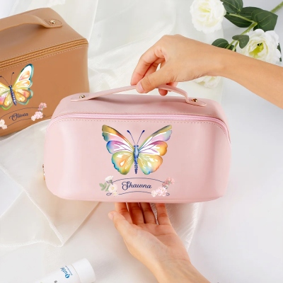 Custom Name Watercolor Butterfly Leather Travel Makeup Bag, Waterproof Wide Open Flat Toiletry Bag with Divider & Handle, Gift for Her/Mom/Bridesmaids