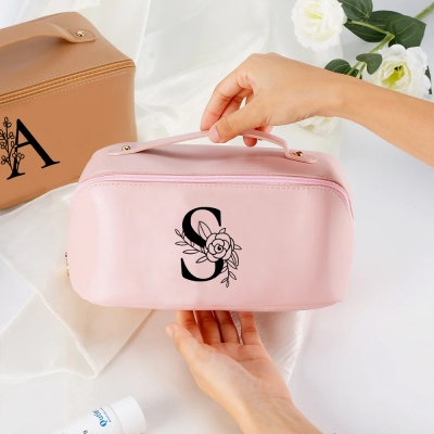 Personalized Floral Initial Leather Travel Makeup Bag, Wide Open Flat Cosmetic Bag with Divider & Handle, Gift for Her/Mom/Bridesmaids/Women