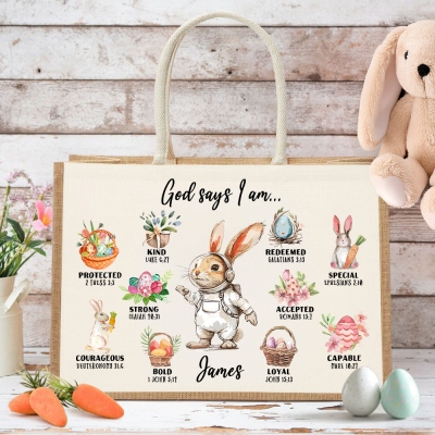 Personalized Cartoon Bunny Dream Jobs Jute Tote Bag with Name, Large Capacity Burlap Handbag, Easter Party Favor, Easter Gift for Kids/Christians