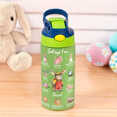 Custom Cartoon Bunny Dream Jobs Water Bottle, Stainless Steel 12oz Tumbler with Silicone Straw & Spill-Proof Lid, Easter/Birthday Gift for Kids/Teens