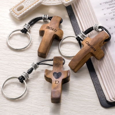 Personalized Name & Initial Wooden Cross Keychain, Custom Engraved Heart Cross with Leather Rope Keyring, Easter/Christmas Gift for Family/Friends