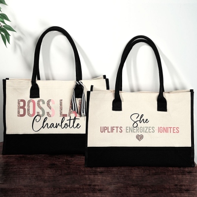 Custom Name Boss Lady Tote Bag, Large Capacity Canvas Leopard Print Handbag, Women's Commuter Tote, Birthday/Appreciation Gift for Female Managers