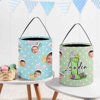 Personalized Face Photos Bunny Alphabet Easter Basket, Polka Dot Bucket Bag with Name & Initial, Reusable Large Capacity Basket, Easter Gift for Kids