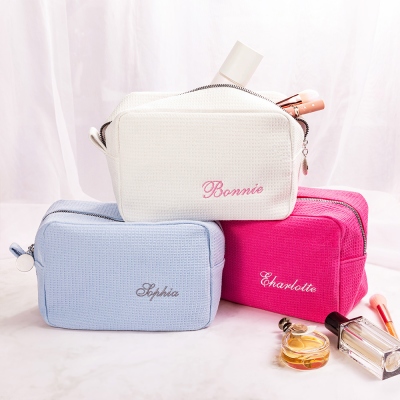 Personalized Name Embroidered Cosmetic Bag, Waffle Fabric Makeup Bag Toiletry Pouch, Bridal Party Favor, Birthday/Wedding Gift for Women/Bridesmaids