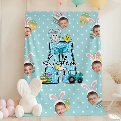 Custom Face Photos Easter Bunny Alphabet Blanket, Polka Dot Blanket with Name & Initial, Flannel/Sherpa Soft Bed Couch Throw, Easter Gift for Kids