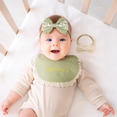 Personalized Embroidered Lace Baby Bib & Bow Headbands Set, Custom Name Baby Bibs for Drooling, Children's Clothing, Gift for Newborns/Toddlers