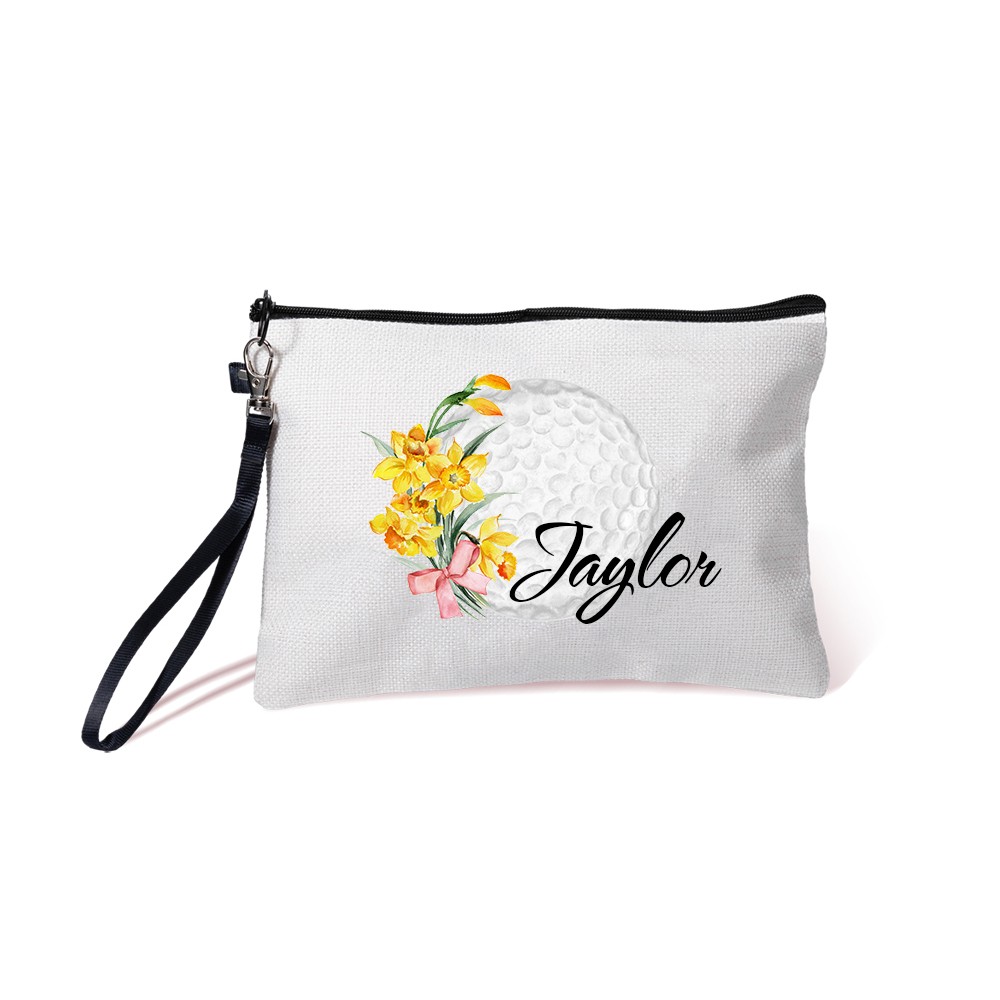 Personalized Birth Flower & Name Golf Cosmetic Bag, Custom Flax Sports Makeup Bag, Sports Accessory, Sports Gift for Golf Team/Player/Coach