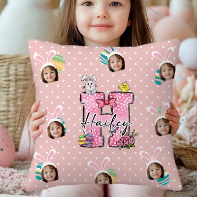 Custom Face Photos Bunny Alphabet Pillowcase with Name, Polka Dot Easter Pillow Cover with Optional Insert, Home Decor, Birthday/Easter Gift for Kids