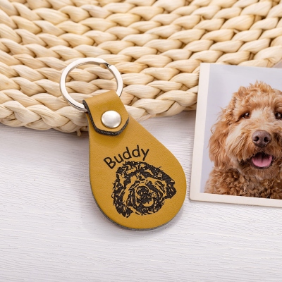 Personalized Engraved Pet Portrait Keychain with Name, Custom Photo Dog Cat Leather Keyring, Pet Memorial Accessories, Gift for Pet Lovers/Owners