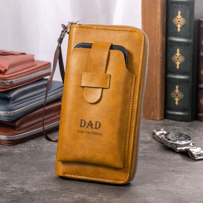 Personalized Name Minimalist Men's PU Leather Wallet, Custom Phone Wallet Purse with Wrist Strap, Father's Day/Birthday Gift for Dad/Husband/Boyfriend