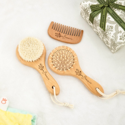 Personalized Name Birth Flower Baby Brush & Comb Set of 3, Custom Engraved Wooden Baby Hair Brush Set, Baby Shower/Birthday Gift for Newborns/Toddlers