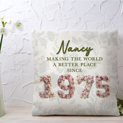 Custom Name Floral 3D Birth Year Pillowcase, Rose Succulent Design Pillow Cover with Optional Insert, Home Decor, Birthday Gift for Family/Friends