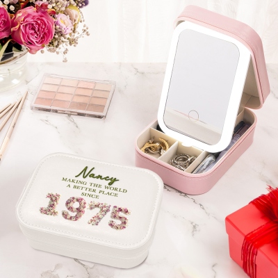 Custom Name Floral 3D Birth Year Makeup Box with Three-Color Adjustment LED Light Mirror, Travel Jewelry Makeup Box, Birthday Gift for Her/Mom/Friends