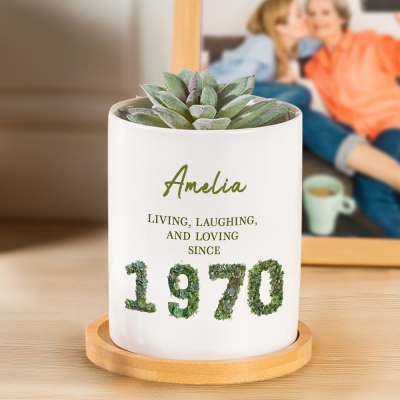 Custom Name Floral 3D Birth Year Planter, Ceramic Plant Pot with Drainage & Bamboo Tray, Home Decor, Birthday Gift for Family/Friends/Plant Lovers