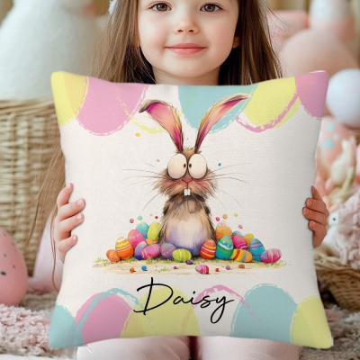 Personalized Quirky Easter Bunny Throw Pillow Cover with Name, Easter Party Favor, Home Decor, Birthday/Easter Gift for Kids/Teens/Boys/Girls