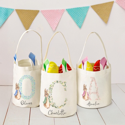 Custom Name & Initial Floral Peter Rabbit Easter Basket, Easter Egg Hunt Bucket Bag with Bunny Ears, Cotton Linen Goodie Bag, Easter Gift for Kids