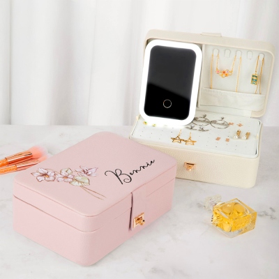 Custom Name Birth Flower Makeup Box with Three-Color LED Light Mirror, Large Capacity Multi-Compartment Makeup Jewelry Box, Gift for Her/Mom/Friends