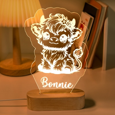 Custom Name Highland Cow LED Night Light, Wildflower Crown Cow Acrylic Night Lamp with Wooden Base, Bedroom Decor, Birthday Gift for Kids/Cow Lovers