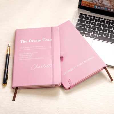 Personalized Name the Dream Team A5 Notebook with Elastic Band, PU Leather Journal with Pen Loop, Appreciation Gift for Employees/Colleagues/Team