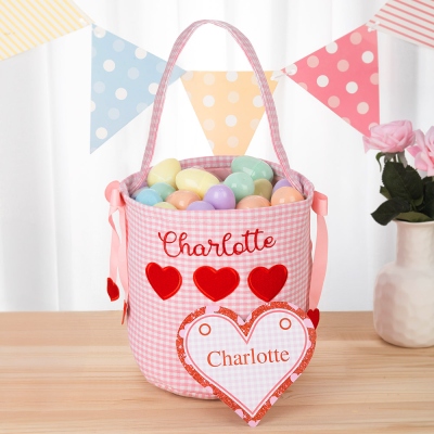 Custom Embroidered Triple Hearts Patched Gingham Bucket Bag with Ribbon, School Card Exchange Bag, Easter/Valentine's Day Gift for Kids/Boys/Girls