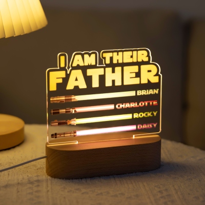 Custom I Am Their Father Lightsaber LED Night Light with Kids' Names, Acrylic Night Lamp with Wooden Base, Home Decor, Father's Day Gift for Dad