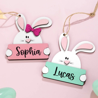 Personalized Name Easter Bunny Tag with Rope, Custom Engraved Easter Basket Tag, Wooden Easter Egg Hunt Label, Easter Gift for Kids/Boys/Girls