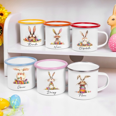 Custom Name Quirky Easter Bunny Enamel Mug, Colorful 12oz Cup with Handle, Easter Party Favor Basket Stuffer, Easter Gift for Kids/Boys/Girls