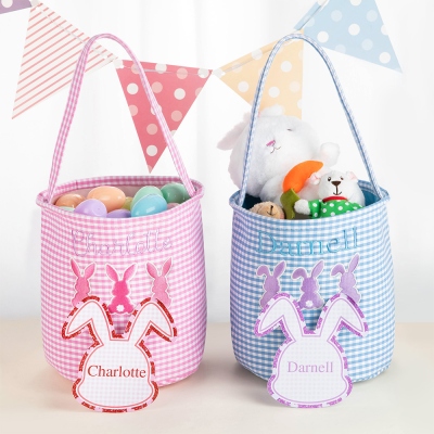 Custom Embroidered Three-Bunny Patched Gingham Easter Basket, Easter Egg Hunt Bucket Bag, School Card Exchange Bag, Easter Gift for Kids/Boys/Girls