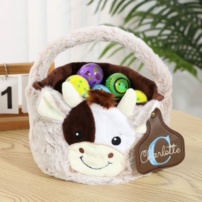 Personalized Cow Basket with Leather Name Tag, Custom Embroidered Name Plush Easter Basket, Easter/Baby Shower/Birthday Gift for Children/Cow Lovers