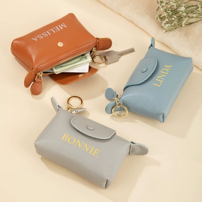 Custom Name Leather Coin Purse, Keyring Cash Bag with Zipper & Button, Portable Wallet, Birthday/Mother's Day/Wedding Gift for Her/Mom/Bridesmaids