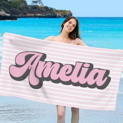Custom Name Retro Striped Beach Towel, Quick Dry Microfiber Bath Towel, Vacation/Beach/Pool Party Favor, Birthday/Wedding Gift for Women/Bridesmaids
