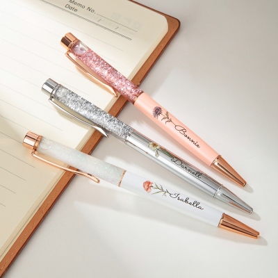 Custom Name Birth Flower Floating Glitter Pens, Bling Dynamic Liquid Sand Pens Set of 2, Birthday/Graduation/Appreciation Gifts for Students/Teachers