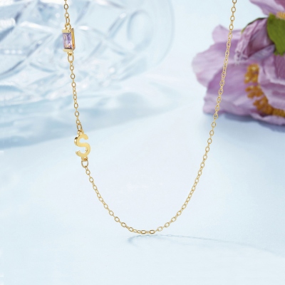 Personalized Sideways Initial Necklace with Baguette Birthstone, Minimalist Birthstone Jewelry, Birthday/Mother's Day Gift for Her/Mom/Women
