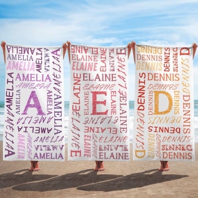 Personalized Name Initial Word Cloud Beach Towel, Quick Dry Microfiber Bath Towel, Vacation/Beach/Pool Party Favor, Gift for Kids/Family/Friends