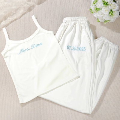 Personalized Embroidered Name Camisole, Multicolor Vest and Sweatpants Set, Bachelorette Party Favor, Wedding/Engagement Gift for Bride/Bride to Be