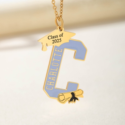 Personalized Name Enamel Alphabet Bachelor Cap Necklace, High School College Class of 2025 Graduation Jewelry, Graduation Gift for Her/Family/Friends