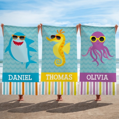 Custom Name Sea Creatures with Sunglasses Beach Towel, Quick Dry Microfiber Bath Towel, Vacation/Beach/Pool Party Favor, Gift for Kids/Boys/Girls
