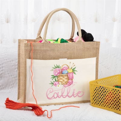 Custom Name Multicolor Floral Yarn Basket Tote Bag, Large Capacity Jute Bag with Cotton Pocket, Birthday/Mother's Day Gift for Crochet Lovers/Women