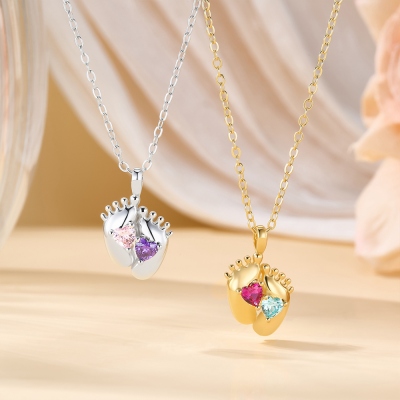 Personalized Double Heart Birthstone Baby Feet Necklace, Dainty Sterling Silver Necklace, Family Jewelry, Birthday/Christmas Gift for Mom/Her
