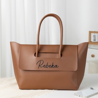 Personalized Retro Leather Commuter Tote Bag with Name, Large Capacity Minimalist Business Style Handbag, Birthday Gift for Girlfriend/Sister/Her