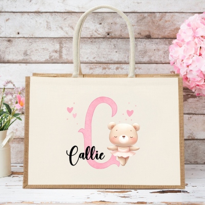 Personalized Initial & Name Cartoon Animal Ballerina Tote Bag, Large Capacity Jute Bag with Cotton Pocket, Birthday Gift for Girls/Ballet Lovers